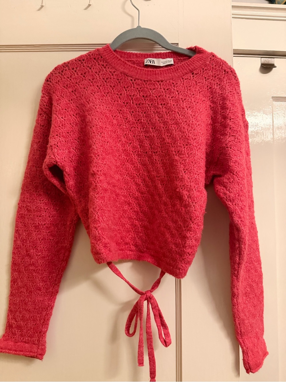 Zara Hot Pink Tie-Hem Textured Crew Sweater